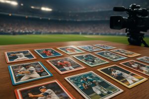A collection of sports trading cards displayed on a wooden table with a blurred background of a stadium